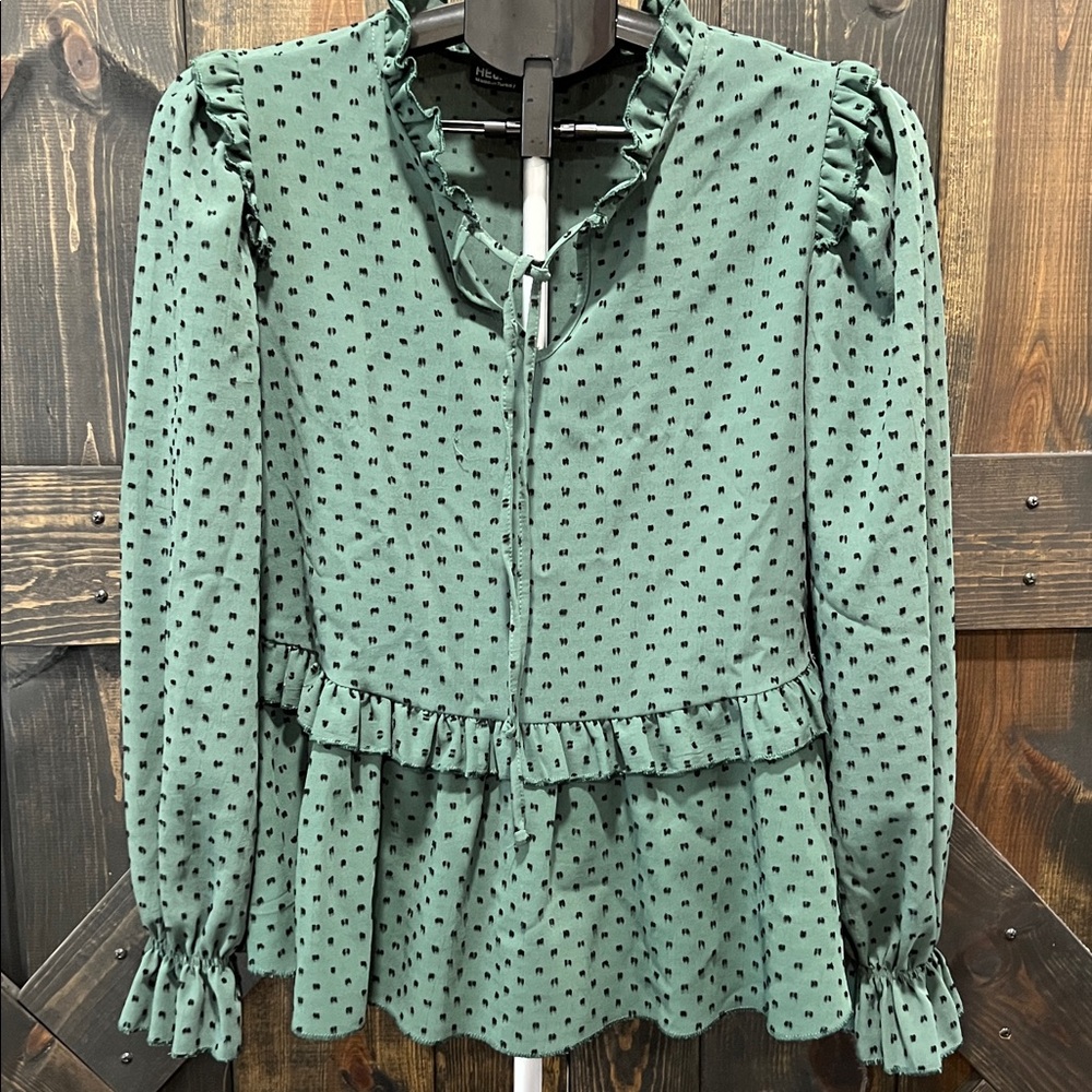 Hellie Dot Peasant Top L‎ Green Ruffles Balloon Sleeves Black Holiday Festival